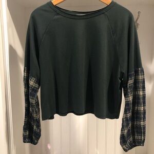 Green Shirt With Plaid Sleeves - Falling Love